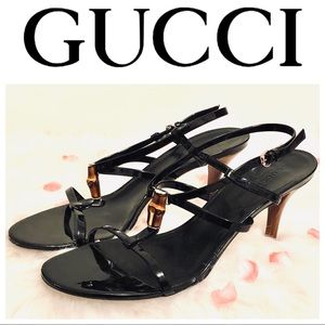 GUCCI Strappy Black Patent & Bamboo Sandal Heels
